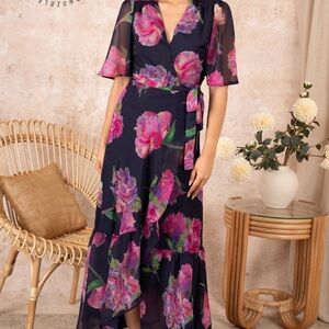 Hope & Ivy Magdalena Floral Wrap Dress in Navy and Pink Size 22